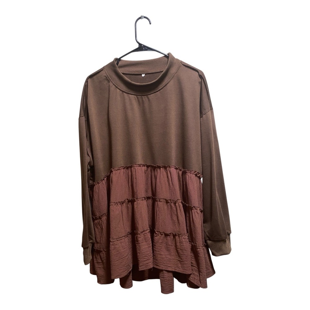Women's XL Brown Tiered Ruffle Tunic Top Long Sleeve Boho Relaxed Fit